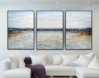 Set of 3 Original Modern Landscape Paintings Large Triptych Ocean Oil Painting Abstract Art Horizon Seascape Blue Umber by L.Beiboer