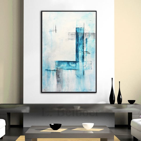 Abstract Painting 24 x 36 original modern art large blue white contemporary acrylic painting cuadro wall art artwork canvas by L.Beiboer