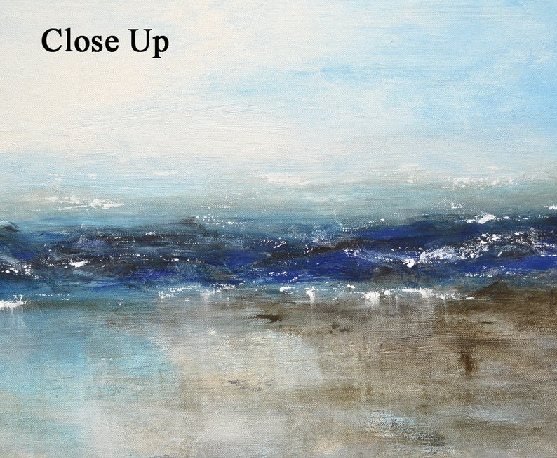 May include: Abstract painting of a seascape with blue, white, and brown colors. The painting depicts a horizon with a blue sky and a blue ocean with white waves. The bottom of the painting shows a brown beach.