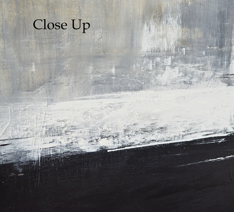 May include: Abstract painting with a gray, white, and black color scheme. The painting has a horizontal stripe pattern with a thick black stripe at the bottom.