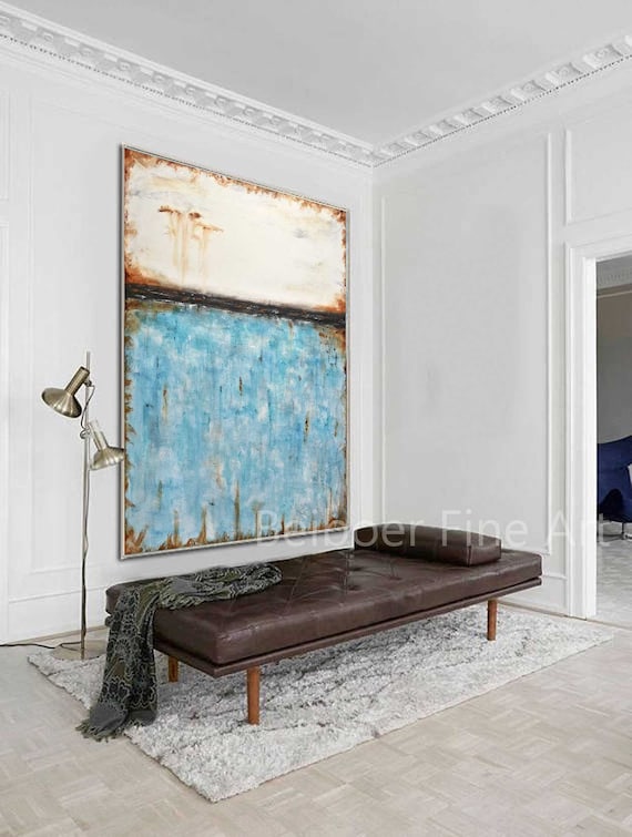 Original Large Painting Framed Abstract Art Turquoise Oil Painting Wall Art Canvas Blue White Vertical Contemporary Art Design by L.Beiboer
