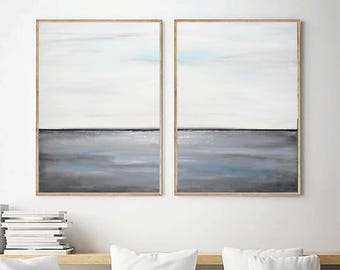 Gray White Seascape Paintings On Canvas, Diptych Clean Landscape Art For Large Walls,  Abstract For Living Room Or Office, Contemporary Oil