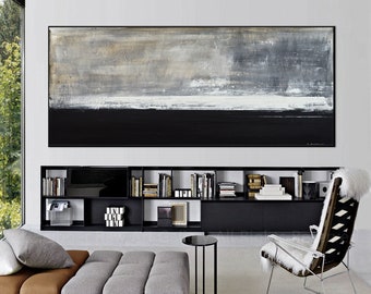 Large abstract landscape painting original panoramic artwork black white brown oil painting float frames optional design by L.Beiboer