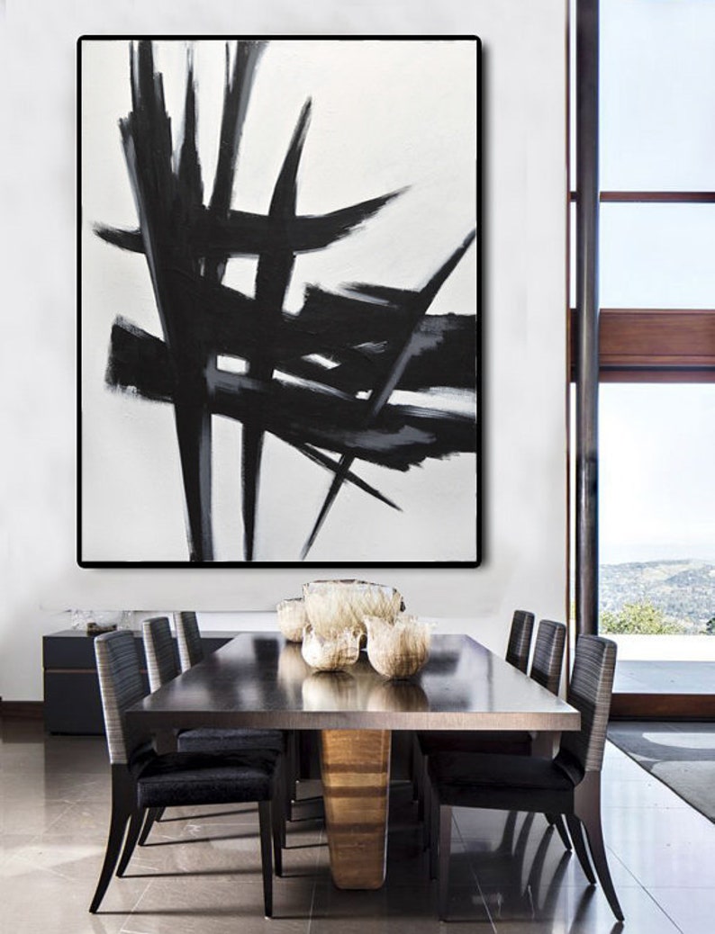 Abstract Painting Original Large Wall Art Black and White Vertical ...