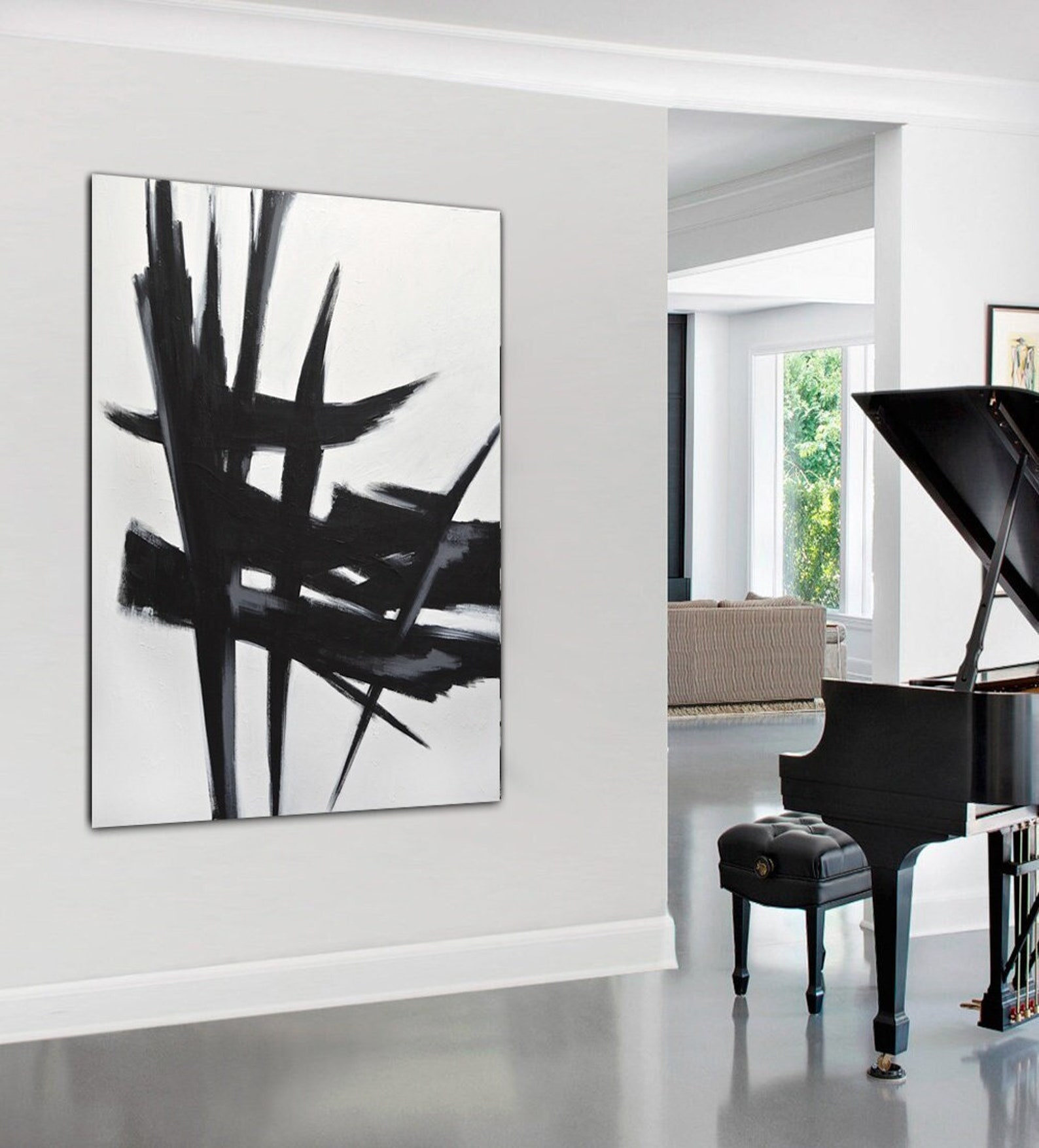 Abstract Painting Original Large Wall Art Black and White Vertical ...