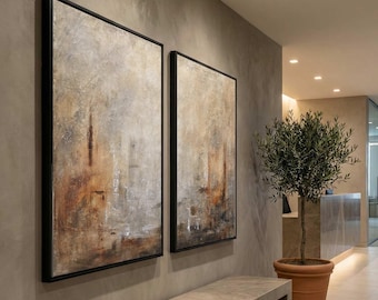 Large Set Of 2 Paintings, Brown Beige Abstracts On Canvas, Framed Contemporary Calming Art