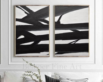 Set of 2 Black and White Abstract Paintings Diptych Wall Art Oil Paintings Abstract Expressionism Kline Style For Livingroom