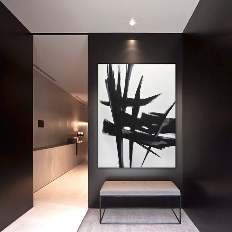 Abstract Painting Original Large Wall Art Black and White Vertical ...