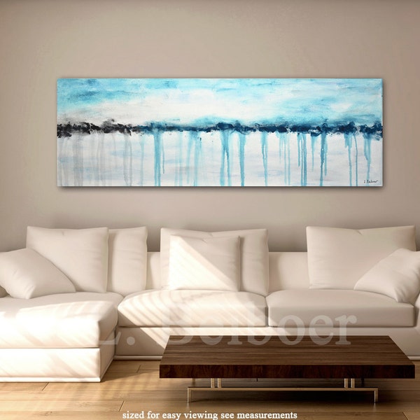 Large abstract painting original panoramic art 5 foot big white blue modern abstract painting oil 20x60 by L.Beiboer