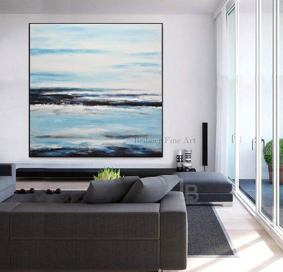 Large Landscape Painting Navy Abstract Artwork White Turquoise Canvas Wall Art Contemporary Acrylic Home Decor Handmade Seascape Seashore