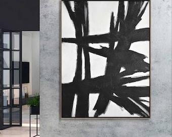 Black and white abstract painting original large wall art vertical modern minimalism geometric art home decor acrylic painting by L.Beiboer