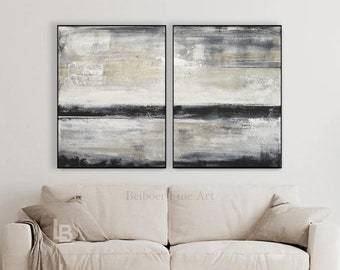 Original Abstract Paintings Diptych Artwork Set of Two Pieces Horizon Double Piece Beige Black Wall Art For Sale Handmade Bedroom Or Office