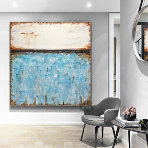Original Large Square Abstract Painting white blue Contemporary Art Modern Acrylic Turquoise Painting by L.Beiboer zdjęcie 3