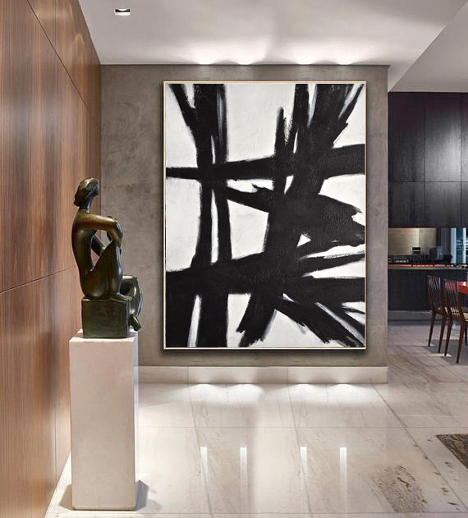 Black and White Abstract Painting Original Large Wall Art Vertical ...