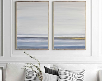 Blue Gold Set Of 2 Landscape Paintings, Framed Minimalist Wall Art on Canvas