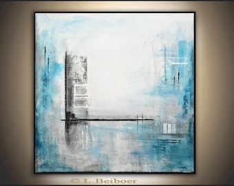 Original abstract painting contemporary art chalky white blue 24 x 24 acrylic modern abstract art by L.Beiboer