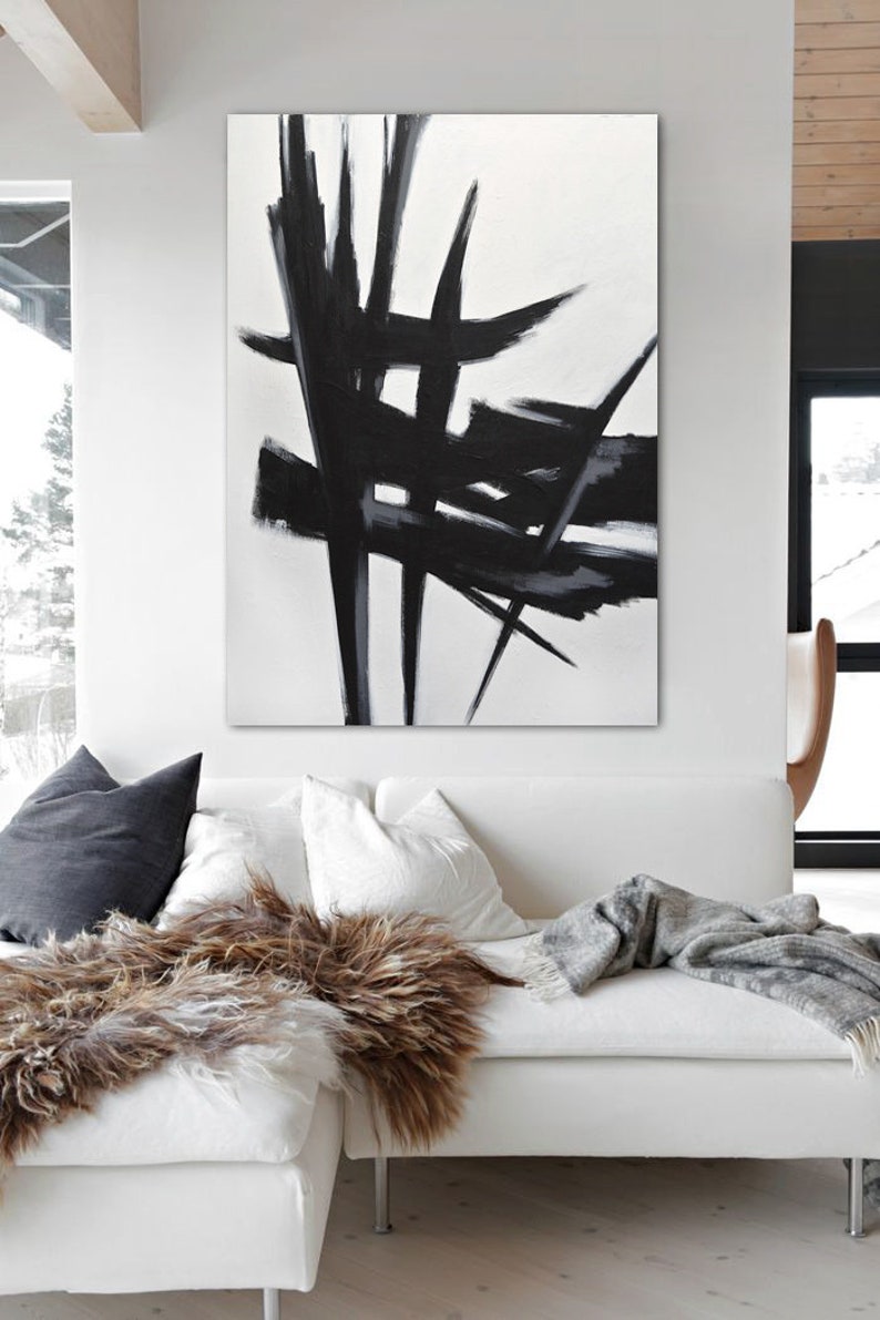 Abstract Painting Original Large Wall Art Black and White Vertical ...