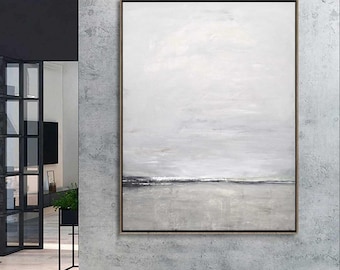 Minimalist Landscape Painting, Timeless Design Large Art Vertical Framed Abstract Painting On Canvas, Gray Brown Green Artwork, Fine Art