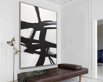 Minimalist black and white abstract painting original artwork vertical large art geometric art wall decor oil painting by L.Beiboer