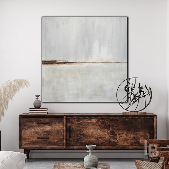 Light Abstract Painting Original Minimalist Landscape Office Wall Decor Large Sand Gray 60x60 Acrylic Artwork Canvas Painting Frame Option