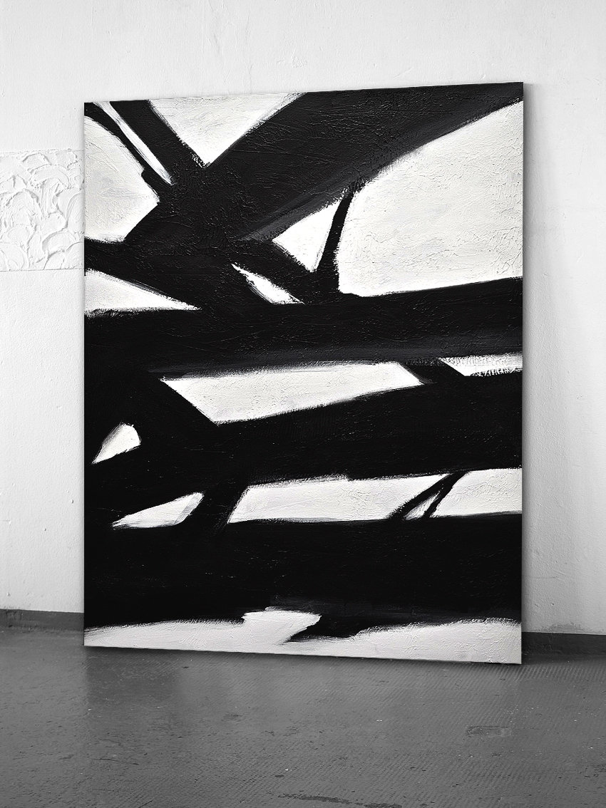 Large Wall Art Black and White Painting Modern Vertical Etsy