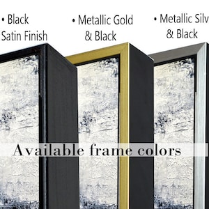 May include: A close-up of eight different frame colors for artwork. The colors are white, maple, black, metallic gold and black, metallic silver and black, solid gold metallic, and solid silver metallic. The text "Available frame colors" is displayed below the frames.