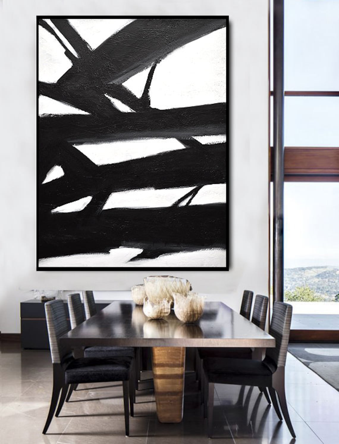 Large Wall Art Black and White Painting Modern Vertical Loft Etsy