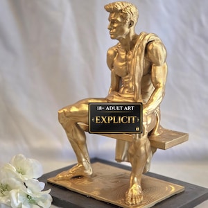 The Modern Thinker Statue – Gold Masculine Male Figure Sculpture – Contemporary Mythos Decor – Erotic Art