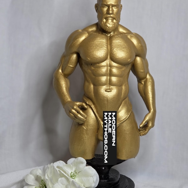 Golden Hung Hunk Statue – Muscular Bearded Male Sculpture, Modern Gay Decor
