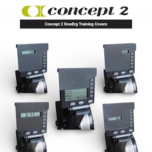 Op de afbeelding: Een verzameling Concept 2 RowErg trainingshoezen. De hoezen zijn zwart met digitale displays die trainingsgegevens weergeven. Het Concept 2-logo staat bovenaan. De tekst "Concept 2 RowErg Training Covers" is ook zichtbaar.
