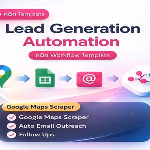 May include: Graphic promoting lead generation automation. The image features a workflow diagram with icons for Google Maps, a spreadsheet, an email, and a data node. Text includes "Lead Generation Automation" and "Google Maps Scraper."