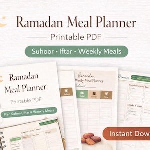 Puede incluir: Una colección de planificadores de comidas del Ramadán imprimibles. El diseño presenta una luna creciente y el texto "Ramadan Meal Planner Printable PDF". El planificador incluye secciones para Suhoor, Iftar y comidas semanales. La palabra "Instant Download" también es visible.