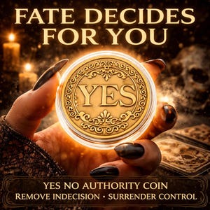 Op de afbeelding: Een goudkleurige munt met het woord "YES" in het midden, vastgehouden in een hand met lange, donkere nagels. De munt is omgeven door een sierlijk ontwerp en een gloeiend licht. De tekst bovenaan luidt "FATE DECIDES FOR YOU". De tekst onderaan luidt "YES NO AUTHORITY COIN".