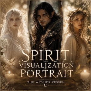 May include: A digital art print titled SPIRIT VISUALIZATION PORTRAIT THE WITCH'S VESSEL featuring three figures in a forest setting. Two figures have long blonde hair and floral crowns, while the central figure has dark hair and pointed ears.