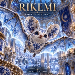Könnte beinhalten: Eine Fledermausfigur aus Porzellan mit weißem Untergrund, verziert mit blauen Blumenmustern und goldenen Akzenten. Die Fledermaus hat große, ausdrucksstarke blaue Augen und detaillierte Flügel. Der Text lautet RIKEMI PORCELAIN BAT DIRECT BINDING THE WITCH'S VESSEL.