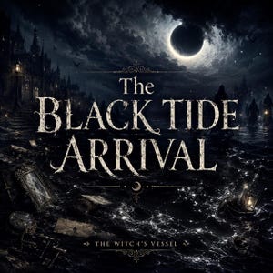 May include: A digital illustration depicts a dark, stormy sea under a crescent moon. The words "The Black Tide Arrival" are prominently displayed in a gothic font. The phrase "The Witch's Vessel" appears below. The scene includes a silhouette of a castle and figures.