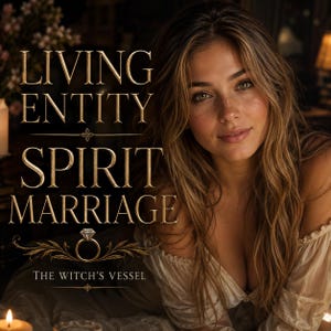 May include: A digital graphic featuring the text LIVING ENTITY SPIRIT MARRIAGE THE WITCH'S VESSEL with a gold ring icon. The image displays a person with long wavy brown hair and light skin, wearing a cream-colored off-the-shoulder garment.