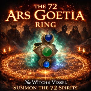 May include: An ornate ring with a central green stone and two blue stones, set against a mystical background with the text "THE 72 ARS GOETIA RING". The image features a circular design and the text "The Witch's Vessel Summon the 72 Spirits".