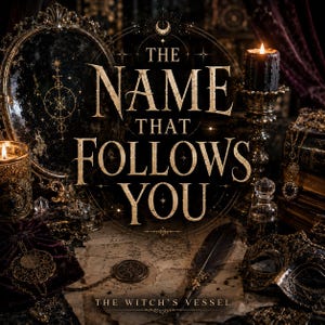 May include: An ornate, dark-themed composition featuring the text "THE NAME THAT FOLLOWS YOU" and "THE WITCH'S VESSEL". The image includes a lit candle, antique mirror, a quill, a mask, and a vintage map, evoking a mystical atmosphere.