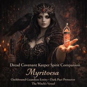 Può includere: Opera d'arte digitale di una donna incoronata che tiene un ciondolo di cristallo. Un corvo nero è sulla sua spalla. L'immagine include il testo "Dread Covenant Keeper Spirit Companion Myritoesa".