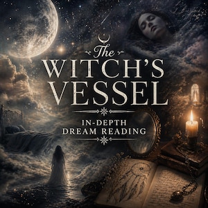 Pode incluir: Imagem etérea com o texto "The Witch's Vessel" e "In-Depth Dream Reading". Um rosto feminino aparece nas nuvens, com uma lua cheia e estrelas ao fundo. Uma vela acesa, um livro aberto e um espelho estão em primeiro plano.