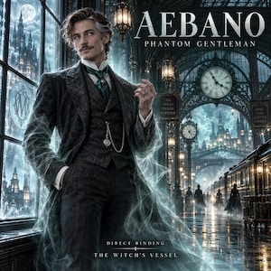 Könnte beinhalten: Eine digitale Illustration eines Mannes in einem dunkelgrauen Anzug mit Taschenuhr in einem Bahnhof. Der Text lautet AEBANO PHANTOM GENTLEMAN, ALL SOULS TRAVEL FURTHER, SOME STAY A LITTLE LONGER, DIRECT BINDING und THE WITCH'S VESSEL.