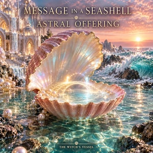 Könnte beinhalten: Eine große, irisierende rosa Muschel, die sich öffnet und einen leuchtenden Wasserpool mit einer strahlenden Bogenbrücke im Inneren enthüllt. Der Text MESSAGE IN A SEASHELL ASTRAL OFFERING und THE WITCH'S VESSEL umgibt die Muschel.