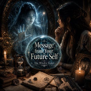 May include: A crystal ball featuring the text Message from Your Future Self and The Witch's Vessel, positioned before a person looking into a mirror. The scene includes an hourglass, lit candles, scattered crystals, and handwritten parchment papers.