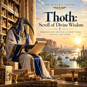 May include: A digital PDF book titled The Witch's Vessel Thoth: Scroll of Divine Wisdom, featuring an illustration of the Egyptian deity Thoth with an ibis head, wearing white and blue robes, reading a scroll in an ancient library.