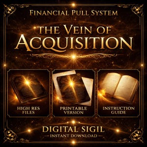 以下が含まれることがあります： Financial Pull System: The Vein of Acquisitionというタイトルのデジタルシジル。画像には、High Res Files、Printable Version、Instruction Guideとラベル付けされた、光の効果がある本が描かれた3つのパネルと、Instant Downloadというテキストが含まれています。