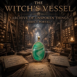 May include: An oval pendant with a green stone and gold-colored trim hangs in front of a library setting. The text "THE WITCH'S VESSEL" and other phrases are visible. The image evokes a mystical or fantasy theme.