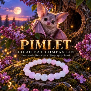 May include: A beaded bracelet featuring alternating light pink and white spherical beads. The text PIMLET LILAC BAT COMPANION Handmade Bracelet + Biography Book is displayed above the bracelet, which rests on a mossy surface with purple lilac flowers.