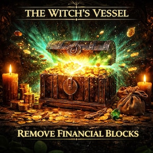 May include: An illustration of a wooden treasure chest overflowing with gold coins, radiating bright light. The text "THE WITCH'S VESSEL" and "REMOVE FINANCIAL BLOCKS" are displayed above and below the chest, respectively. Lit candles and a small bag of coins are also present.