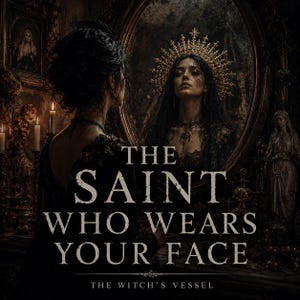 May include: A dark, gothic-style image featuring a woman looking into a mirror. The mirror reflects her image, adorned with a golden crown. The text "THE SAINT WHO WEARS YOUR FACE" is prominently displayed, with "THE WITCH'S VESSEL" below.